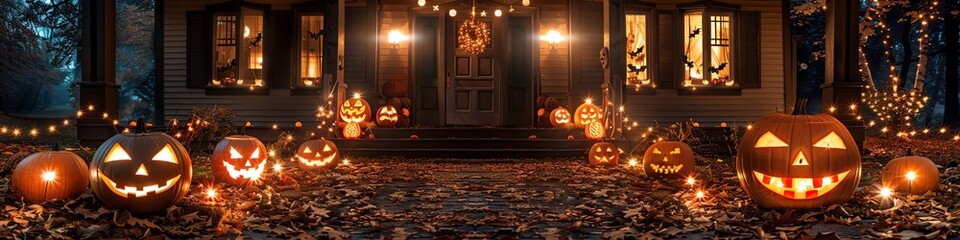Obraz premium Haunted house front yard with carved pumpkins, spooky decorations, and glowing lights