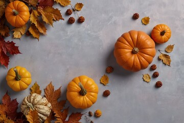Autumn background with dried leaves, pumpkins, flowers on pastel background. Halloween and Thanksgiving day concept, copy space