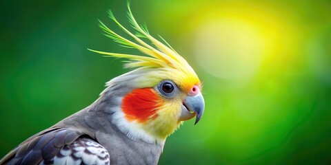 Fototapeta premium Close-up of a vibrant cockatiel parrot with colorful crest in focus against a blurred green background, cockatiel, parrot