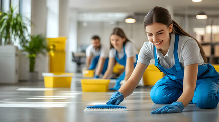 Smiling Cleaning Lady Sweeping Floor with Brush - Realistic Image