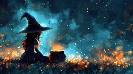 The concept of a Halloween poster with a little witch and a copy space. A young girl in a witch costume is sitting on the grass, and in front of her is a bubbling cauldron