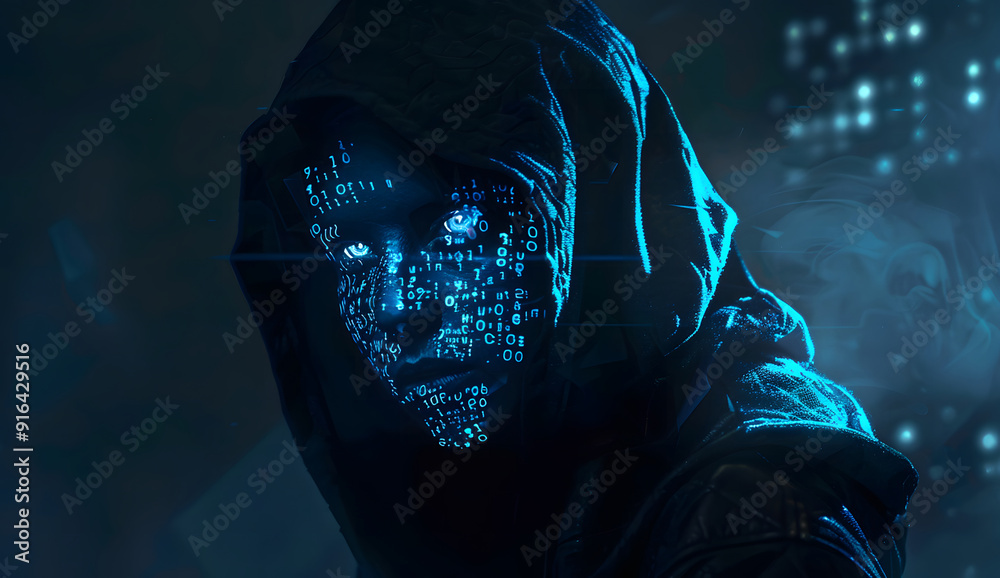 Poster a blue digital hacker with glowing binary code, ai in cybersecurity systems, threat detection algori