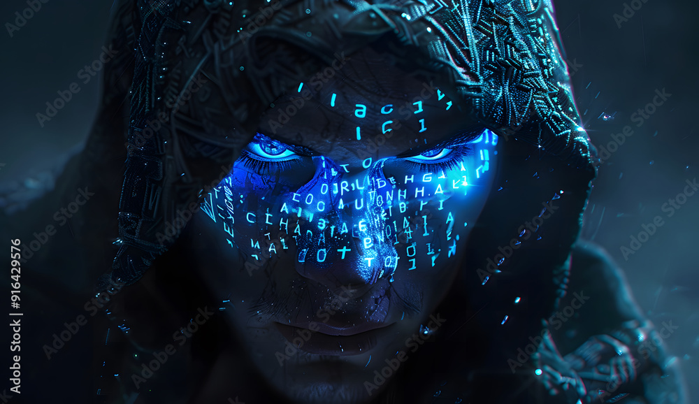 Poster a blue digital hacker with glowing binary code, ai in cybersecurity systems, threat detection algori