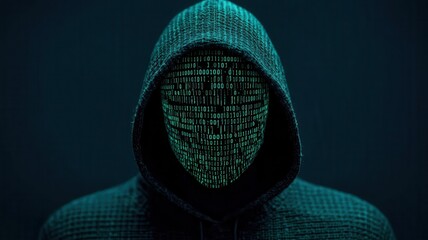 Hooded figure blending into a digital environment, with streams of code masking their face, emphasizing the tech-driven protection of anonymity