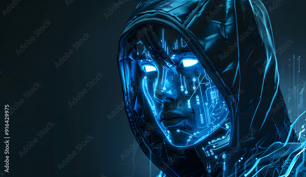 Poster a blue digital hacker with glowing binary code, ai in cybersecurity systems, threat detection algori