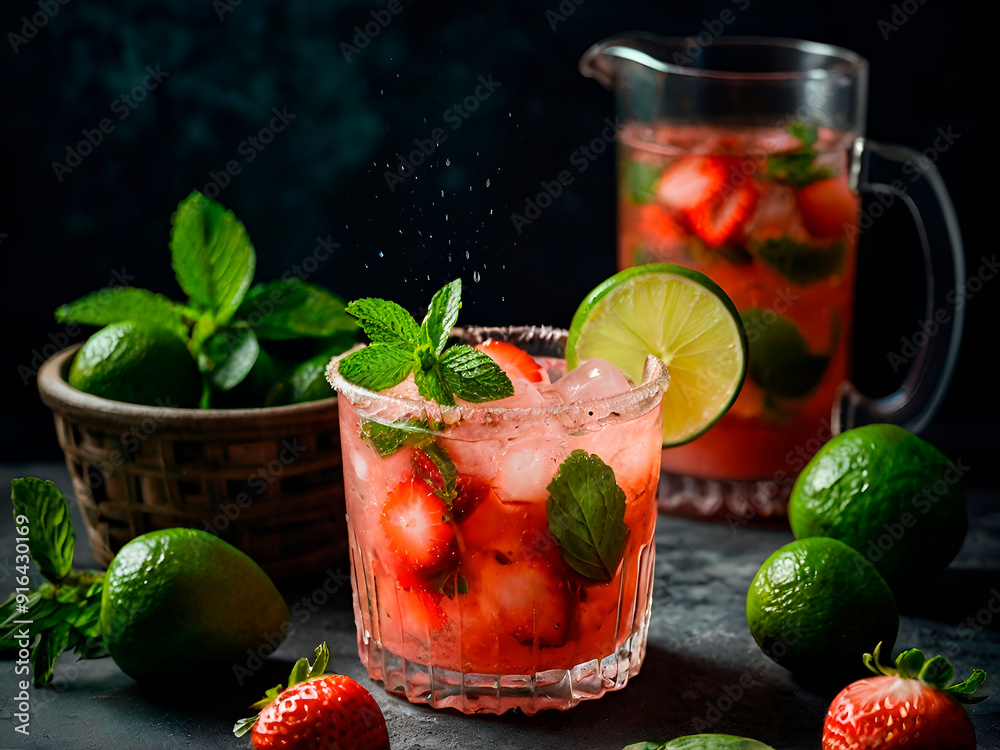 Wall mural A mojito recipe that balances the sweetness of strawberries with the tartness of lime and the freshness of mint.