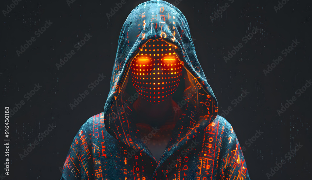 Poster a blue digital hacker with glowing binary code, ai in cybersecurity systems, threat detection algori