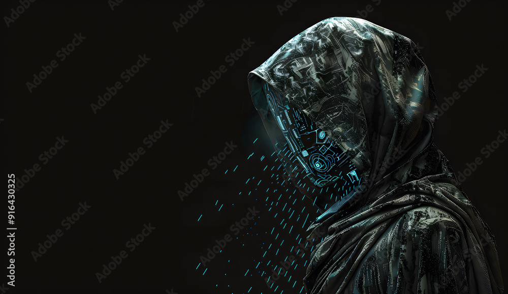 Poster a blue digital hacker with glowing binary code, ai in cybersecurity systems, threat detection algori