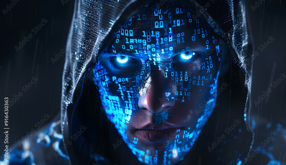 Poster a blue digital hacker with glowing binary code, ai in cybersecurity systems, threat detection algori