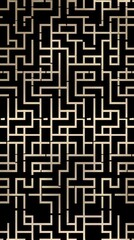 The design features a complex maze with sharp lines and contrasting colors, creating a captivating visual effect