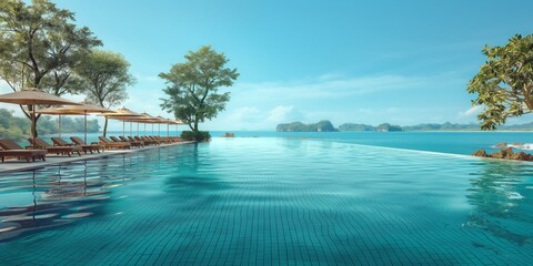 Fototapeta premium Infinity pool overlooking the ocean with lounge chairs and umbrellas, surrounded by trees and a serene sky in a tropical resort.