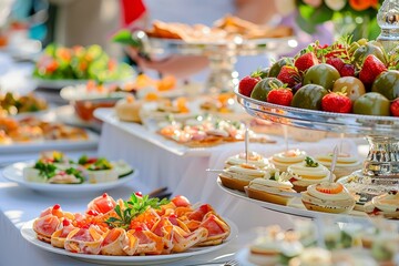Close-up of event catering with gourmet food and beverages, representing hospitality and indulgence