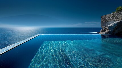 Fototapeta premium Serene infinity pool overlooking the vast ocean and vibrant blue sky, offering a tranquil escape and stunning panoramic views.