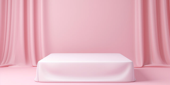 White rectangular pedestal on a pink satin fabric background with copy space.