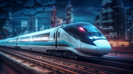 Fototapeta premium A train is traveling down the tracks in a city at night