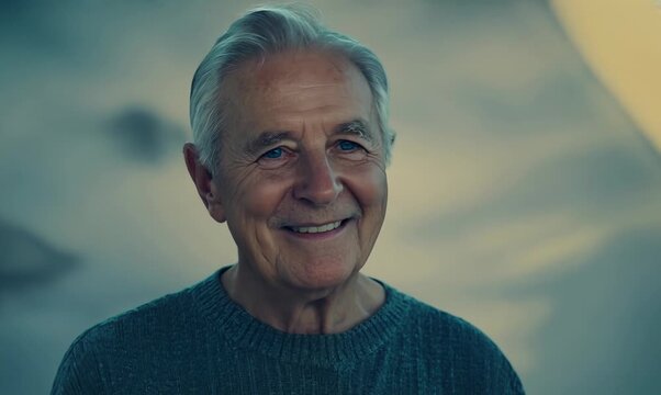 Medium shot portrait video of a Swedish man in his 70s wearing a simple tunic against an abstract background