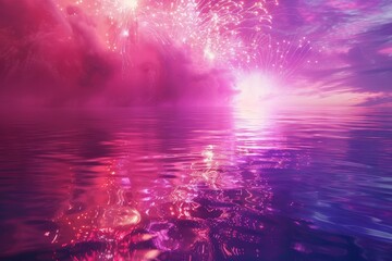Abstract visualization of fireworks show reflecting on water, symbolizing waterfront events and reflections