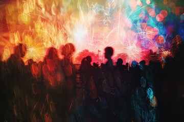 Fototapeta premium Abstract visualization of fireworks display with silhouetted crowd, representing communal excitement