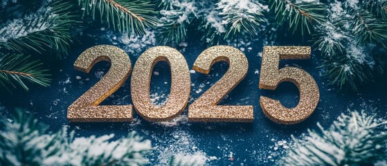 Golden 2025 numbers surrounded by festive pine branches and snow on a dark background. Perfect for Christmas and New Year greetings. - Powered by Adobe