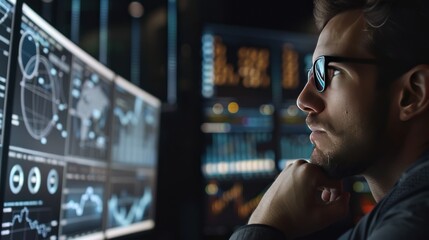 A businessman analyst scrutinizes digital financial data graphs, employing advanced technology to make insightful investment decisions, technology or futuristic concepts, very high 