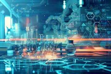 Obraz premium Abstract illustration of laboratory research with futuristic technology and scientific breakthroughs, symbolizing innovation and progress