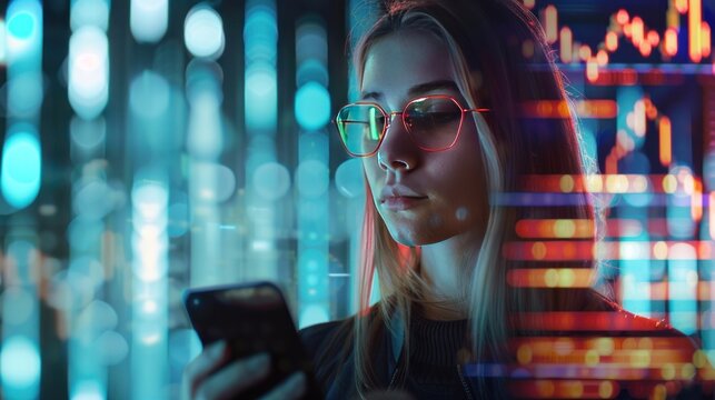 Animation of financial data processing over caucasian woman using smartphone, science, technology or futuristic concept, very high photo resolution, smooth 