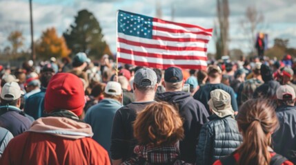 Obraz premium Crowd of patriots marching on the street holding the American flag