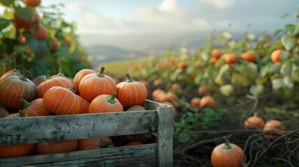 Realistic photo of a vegetable basket or crate with lots of Pumpkins inside with a beautiful yard or plantation background, 8k