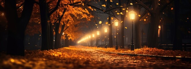 Night autumn park during the rain background