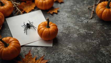 Blank white halloween card with pumpkins and spiders. Poster invitation mockup
