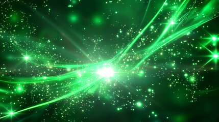 Fototapeta premium Abstract digital illustration of green glowing lights, energy waves, and sparks against a dark black background, featuring swirling light effects, stars, lines, and circles. This vibrant and dynamic d
