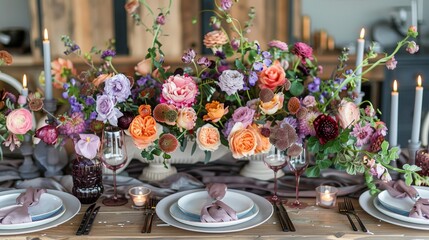 flowers on the table, Festive table setting in the restaurant with flowers, Wedding decor.