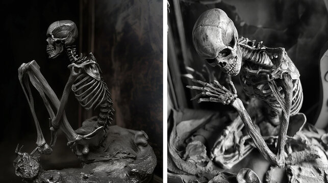 Detailed skeletons in macabre poses with dark, atmospheric settings