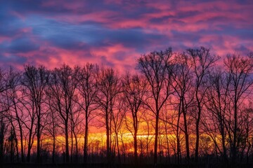 Close-up of dramatic sunset landscape with silhouetted trees, showcasing vibrant colors and atmospheric beauty