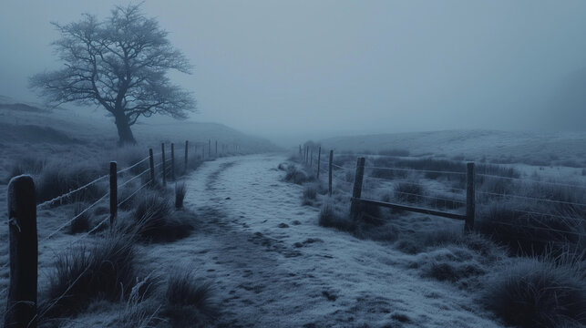 Frost-covered, eerie landscapes with dark, chilling elements and copy space