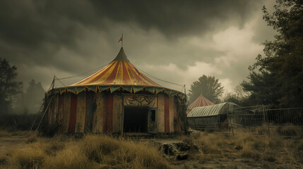 Abandoned circus tents and creepy performers with dark, unsettling backgrounds