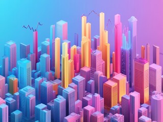 3D isometric cityscape with rising and falling bar charts above buildings, symbolizing GDP and inflation trends, economic data visualization