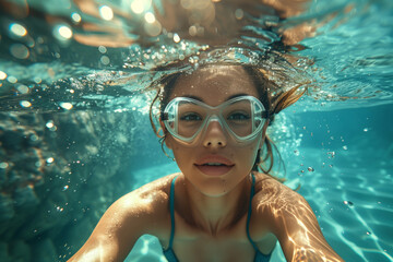 Fototapeta premium A Young Woman Diving Gracefully Into a Sparkling Swimming Pool Under the Sunlight in Spain