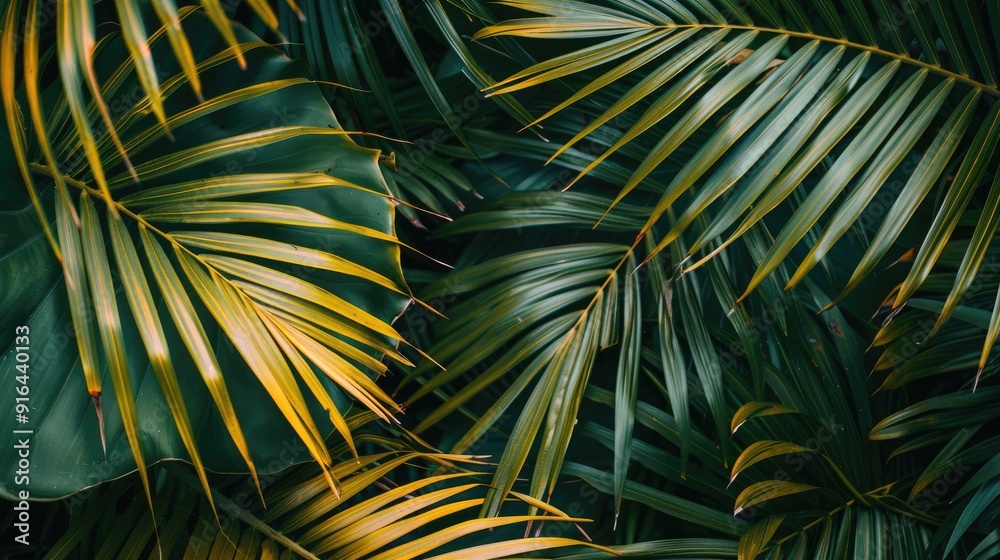 Poster Close-up of textured tropical palm leaves