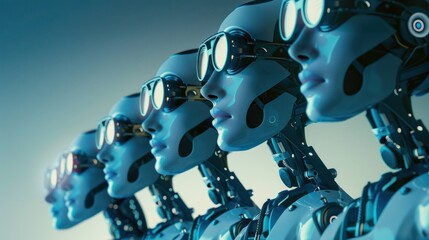 Fototapeta premium A group of humanoid robots with different skin colors and expressions, human-like figures and elements of artificial intelligence influence the human work environment