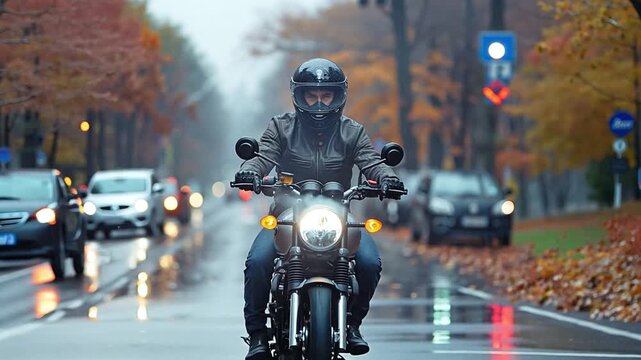Man with a thumb u and protective black motorcycle gear