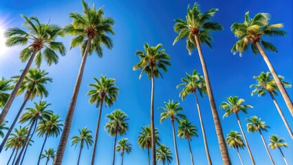 Fototapeta premium Tall palm trees against a clear blue sky, tropical, paradise, vacation, exotic, nature, summer, beach, landscape