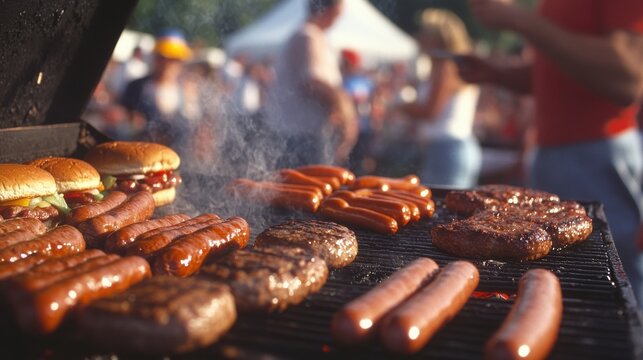 A close-up of a group of people grilling burgers and hot dogs at a Labor Day barbecue, with smoke rising from the grill and a festive crowd in the background