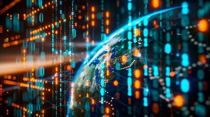 Earth Focusing on Europe Represented by Little Dots, Binary Code, and Lines, Symbolizing Big Data, Global Business, and Cryptocurrency in a 3D Render