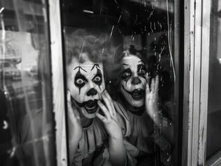 Two clowns with exaggerated makeup and frightened expressions look through a window.