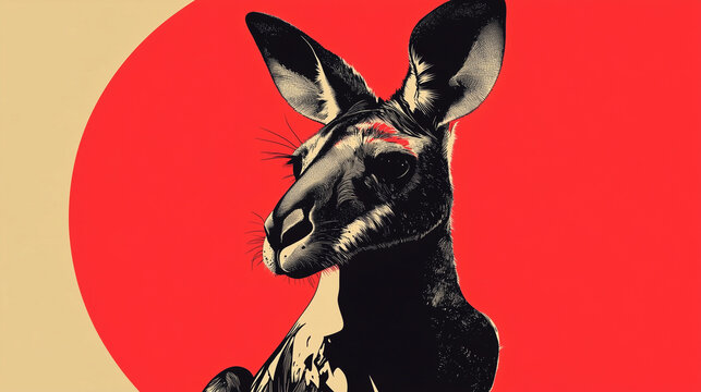 Graphic illustration of a kangaroo in bright colors on a background with a red circle, creating a modern and stylish look