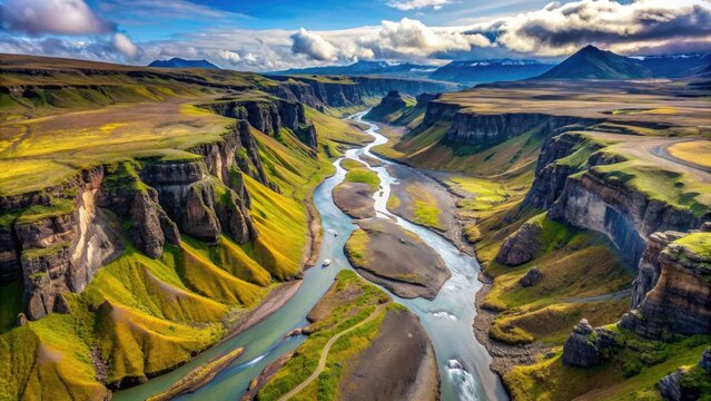 Spectacular aerial view of Thakgil mountains, canyon, and river in Iceland, Iceland, Thakgil, mountains, canyon, river, landscape