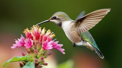 Fototapeta premium Close-up of a hummingbird pollinating a flower, British Columbia,