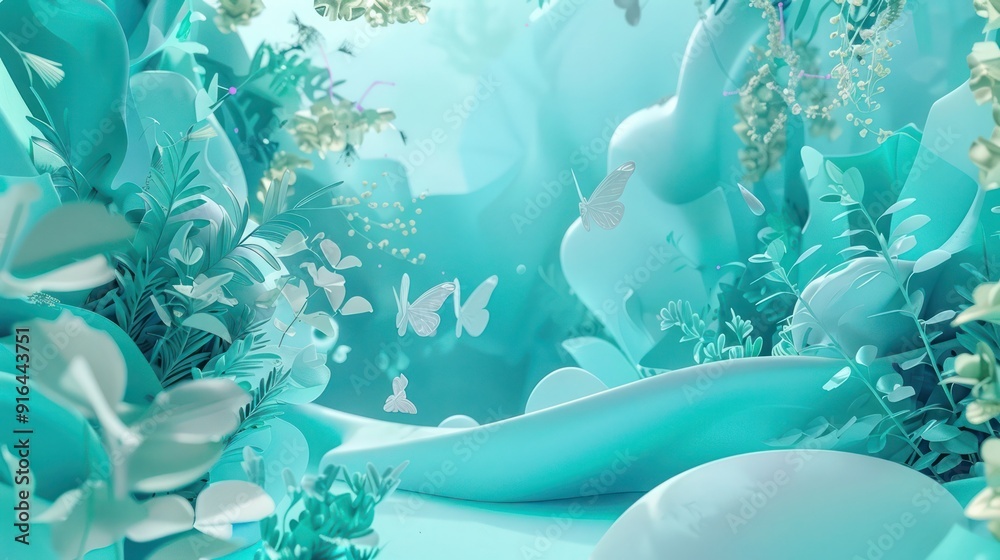 Aufkleber an enchanting 3d abstract scene with interactive elements in serene teal and aquamarine, where user 