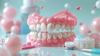 Obraz premium Dental Hygiene and Oral Care with Toothbrush and Denture